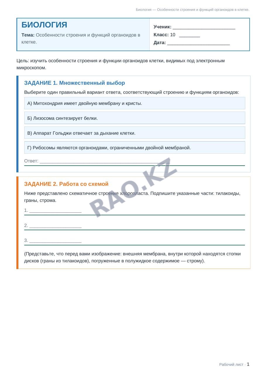 Рабочий лист Биология 10 класс 1 четверть Особенности строения и функций органоидов в клетке.