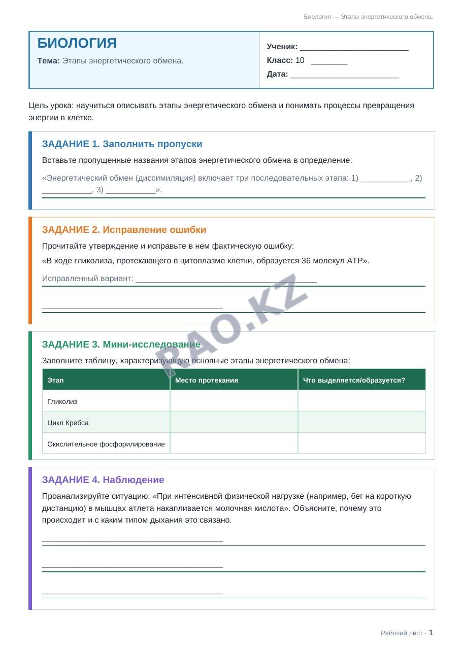 Рабочий лист Биология 10 класс 2 четверть Этапы энергетического обмена.