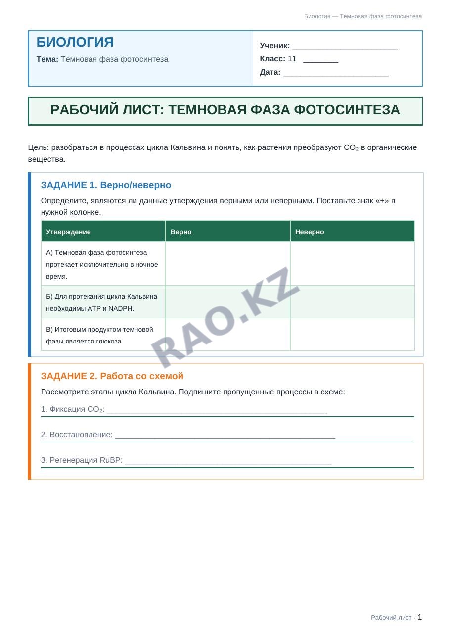 Рабочий лист Биология 11 класс 1 четверть Темновая фаза фотосинтеза