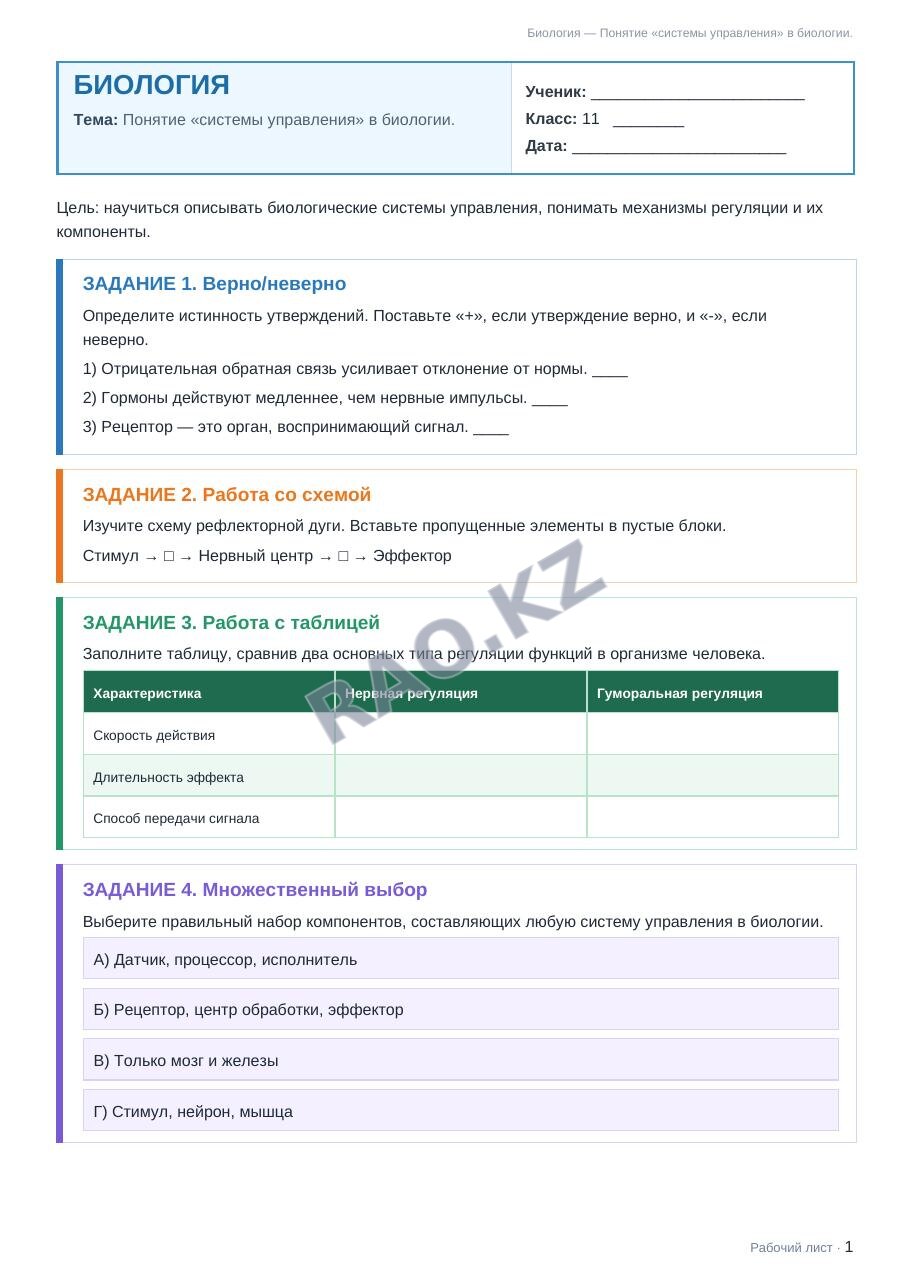Рабочий лист Биология 11 класс 2 четверть Понятие «системы управления» в биологии.