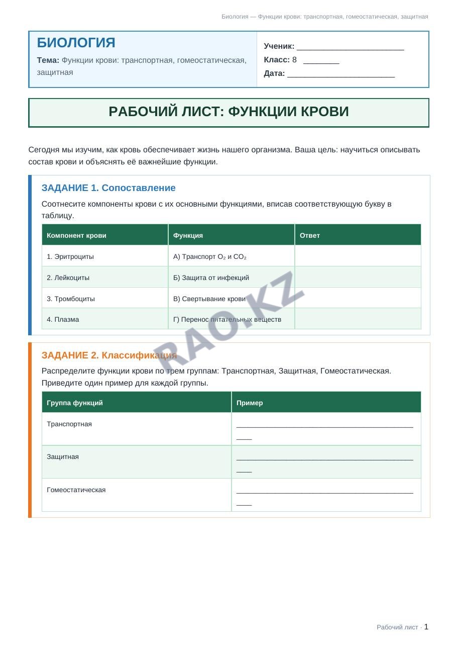 Рабочий лист Биология 8 класс 2 четверть Функции крови: транспортная, гомеостатическая, защитная