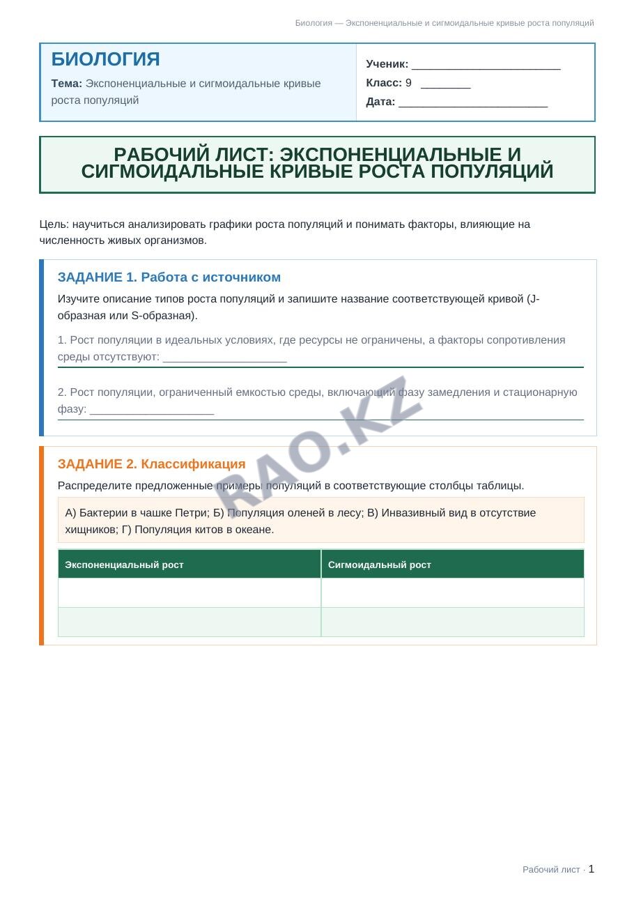 Рабочий лист Биология 9 класс 1 четверть Экспоненциальные и сигмоидальные кривые роста популяций