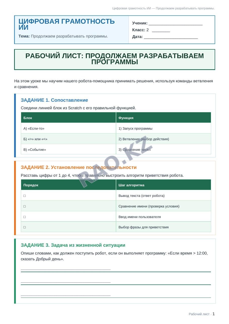 Рабочий лист Цифровая грамотность ИИ 2 класс 1 четверть Продолжаем разрабатывать программы. (урок 3)