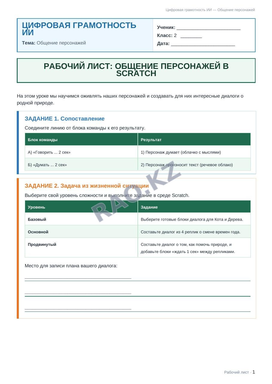 Рабочий лист Цифровая грамотность ИИ 2 класс 2 четверть Общение персонажей