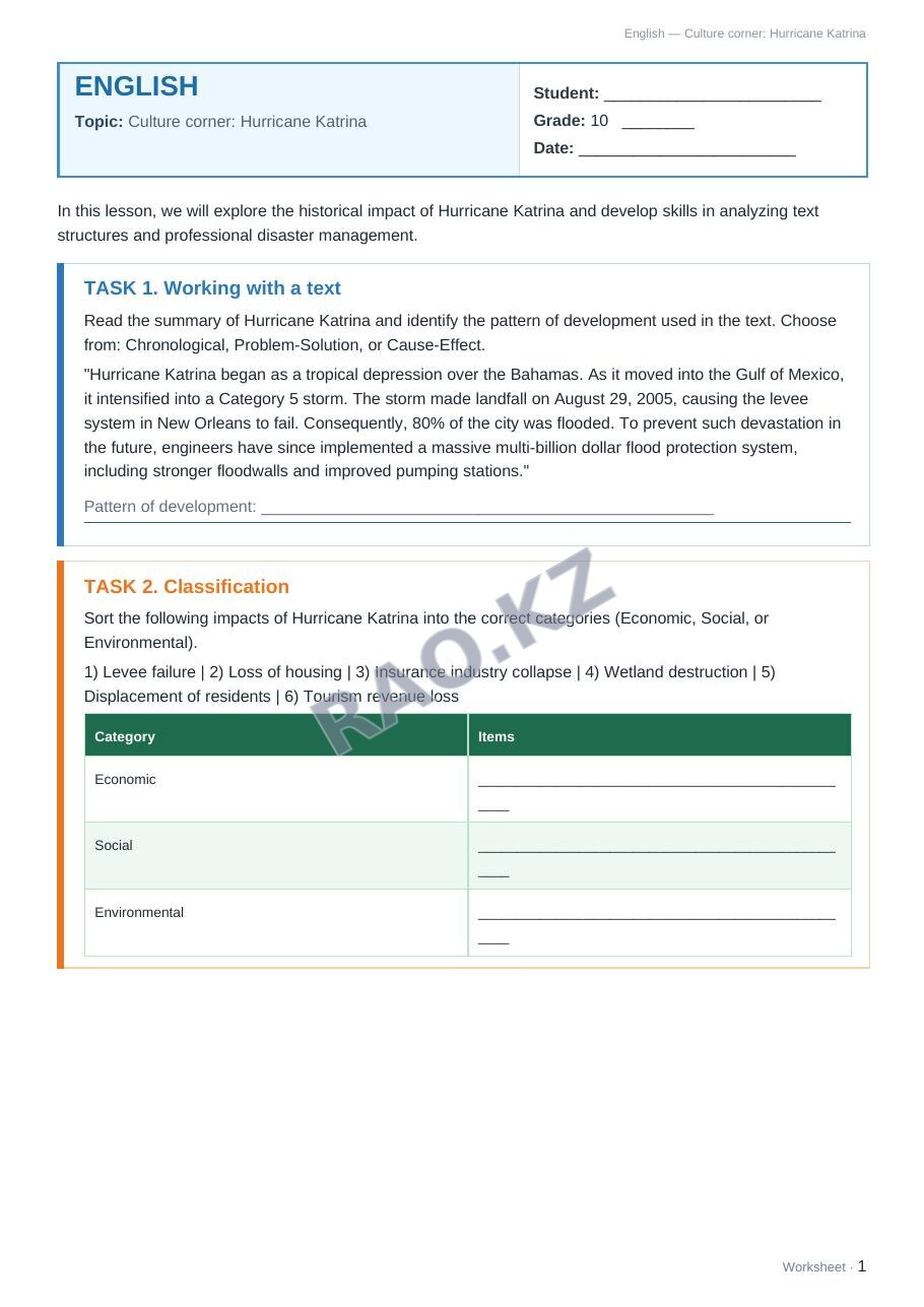 Worksheet English Grade 10 Term 1: Culture corner: Hurricane Katrina