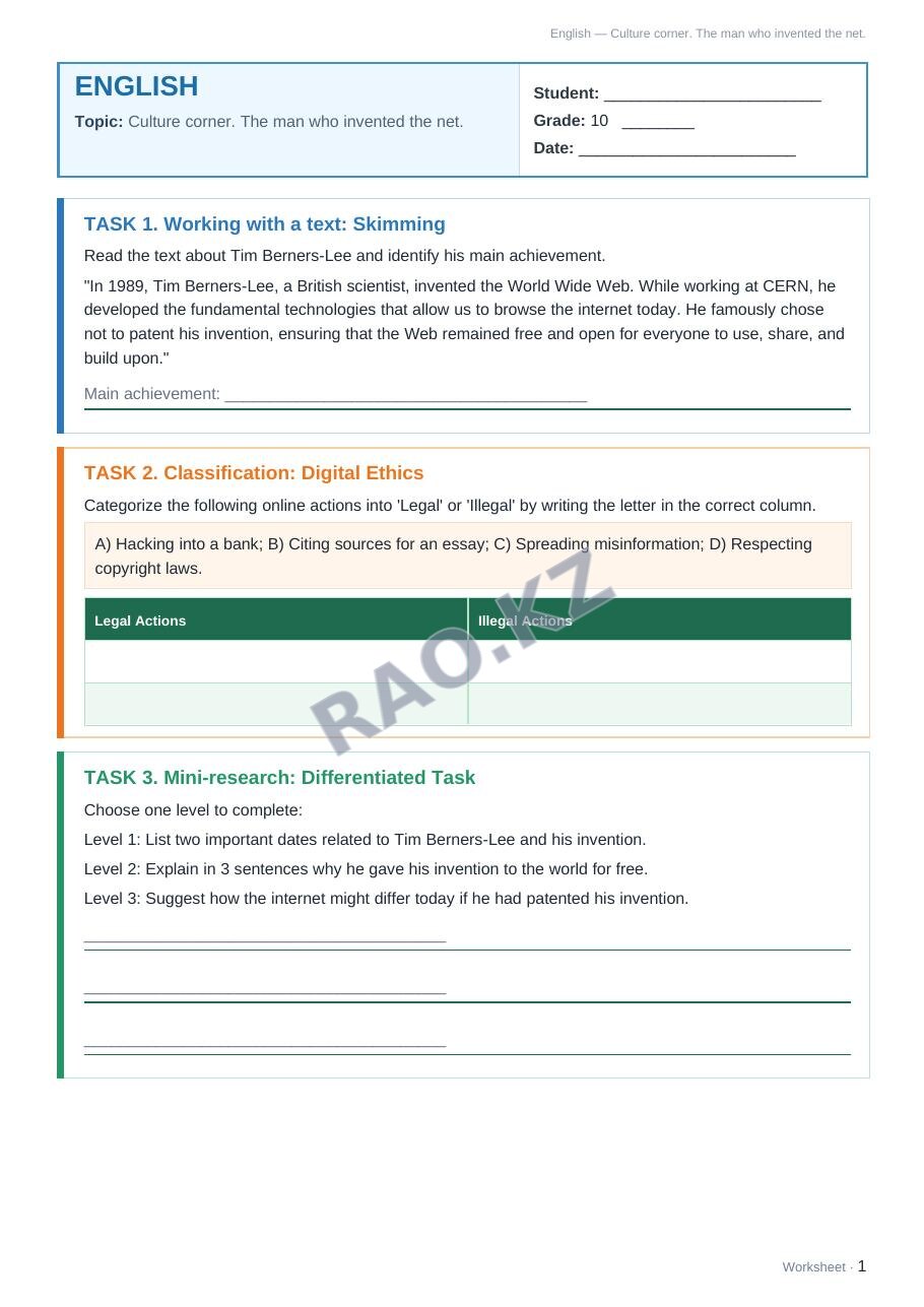 Worksheet English Grade 10 Term 1: Culture corner. The man who invented the net.