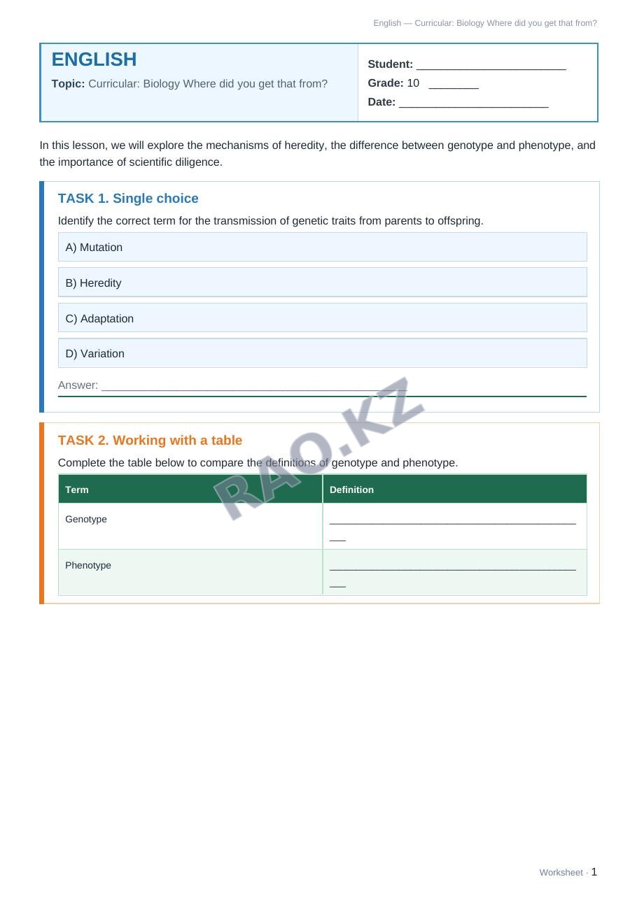 Worksheet English Grade 10 Term 1: Curricular: Biology Where did you get that from?