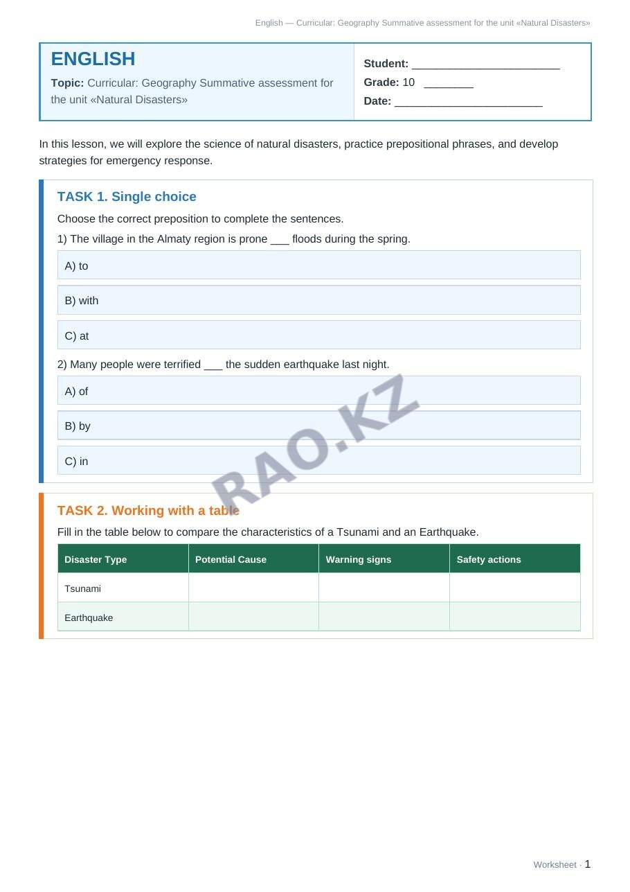 Worksheet English Grade 10 Term 1: Curricular: Geography Summative assessment for the unit «Natural Disasters»