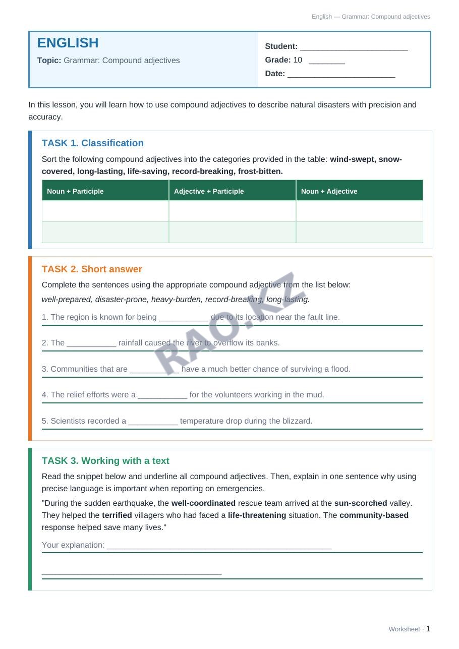 Worksheet English Grade 10 Term 1: Grammar: Compound adjectives