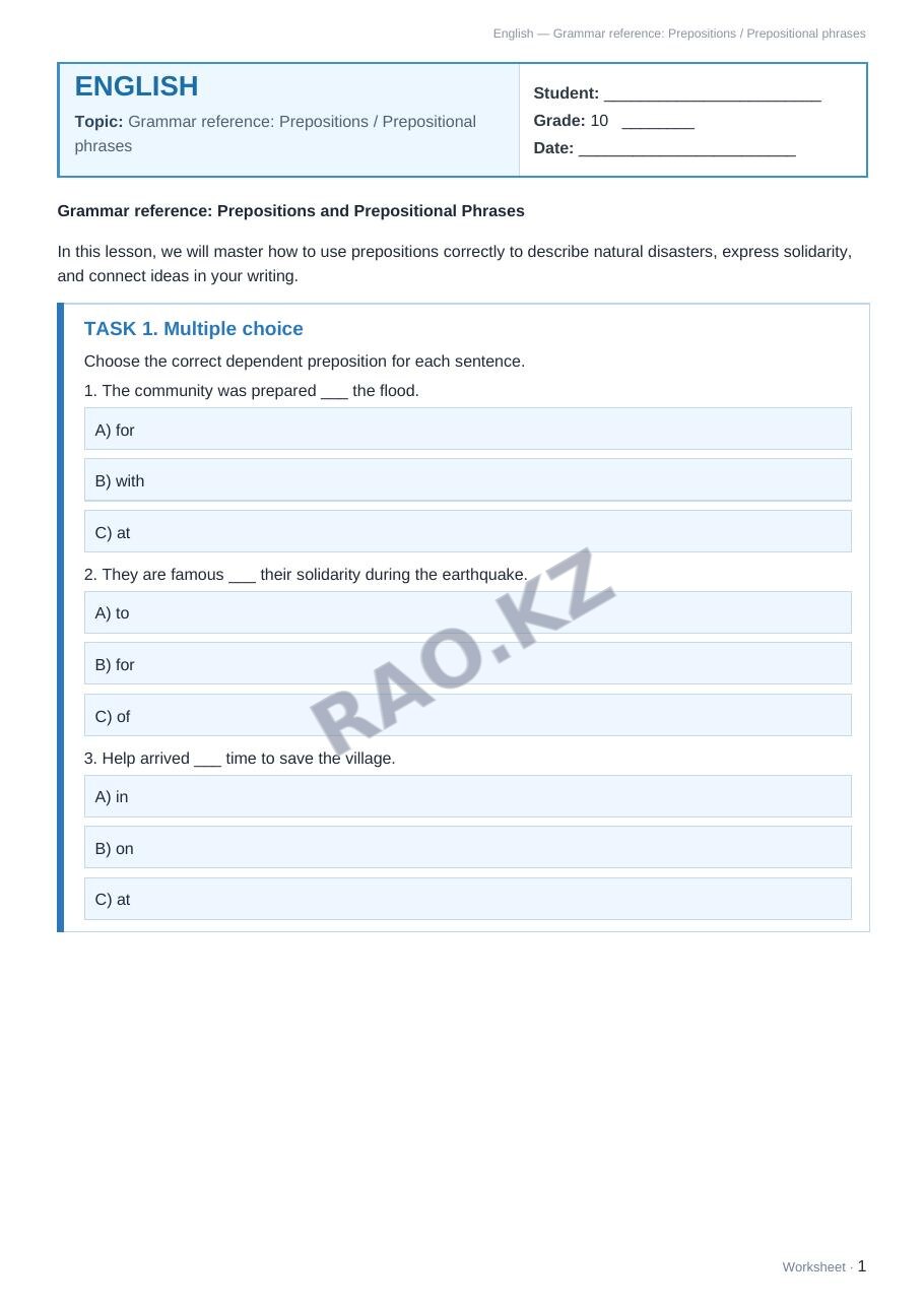 Worksheet English Grade 10 Term 1: Grammar reference: Prepositions / Prepositional phrases