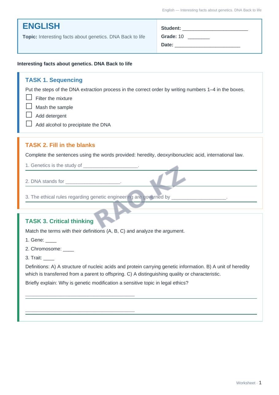 Worksheet English Grade 10 Term 1: Interesting facts about genetics. DNA Back to life