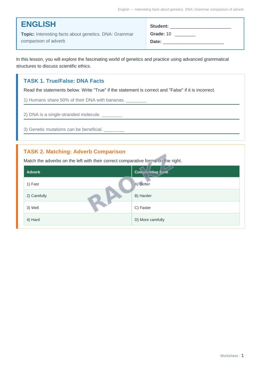 Worksheet English Grade 10 Term 1: Interesting facts about genetics. DNA: Grammar comparison of adverb