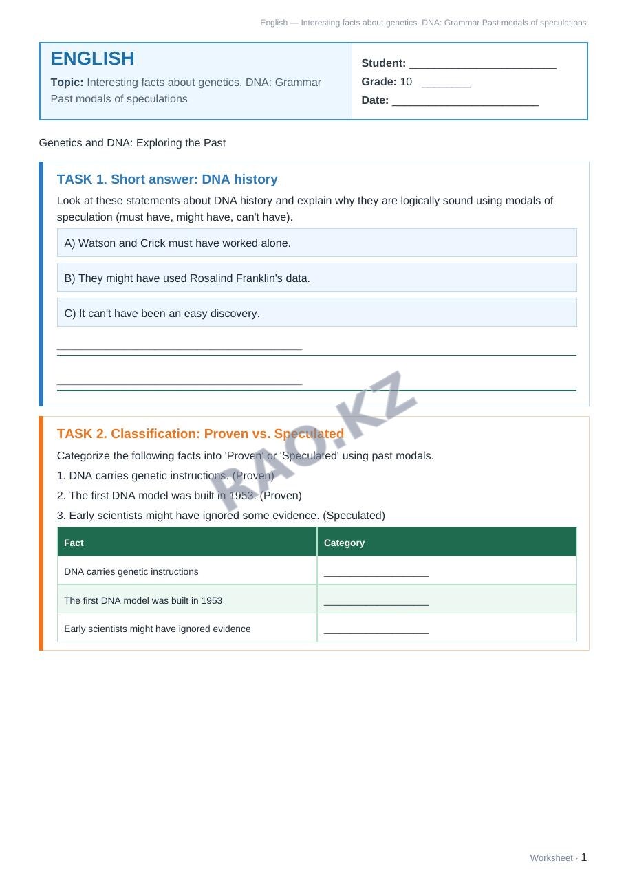 Worksheet English Grade 10 Term 1: Interesting facts about genetics. DNA: Grammar Past modals of speculations