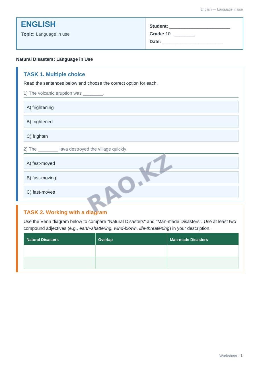 Worksheet English Grade 10 Term 1: Language in use