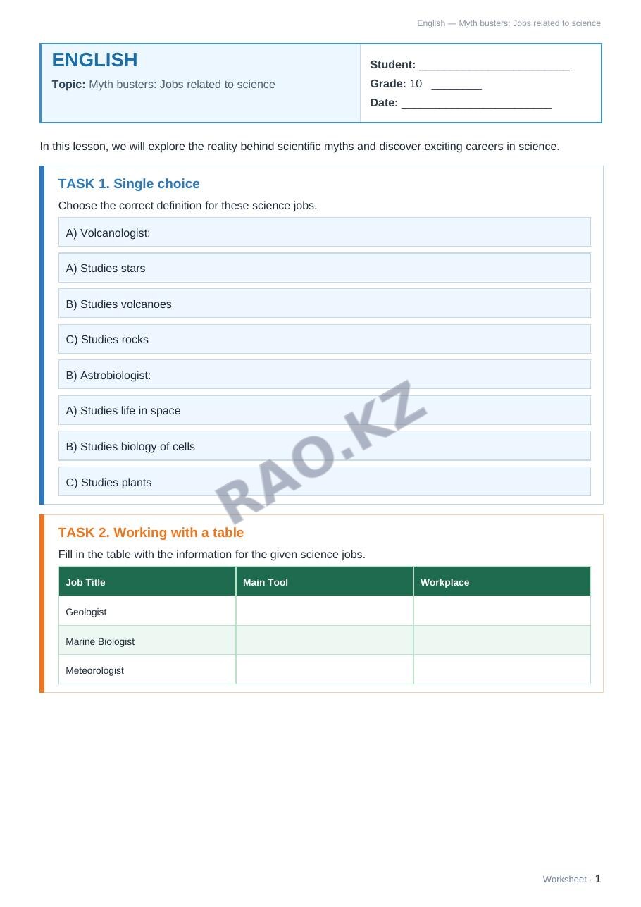 Worksheet English Grade 10 Term 1: Myth busters: Jobs related to science