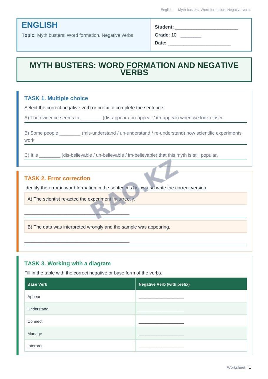 Worksheet English Grade 10 Term 1: Myth busters: Word formation. Negative verbs