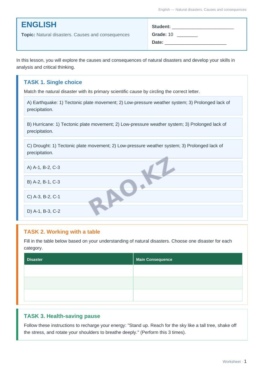 Worksheet English Grade 10 Term 1: Natural disasters. Causes and consequences