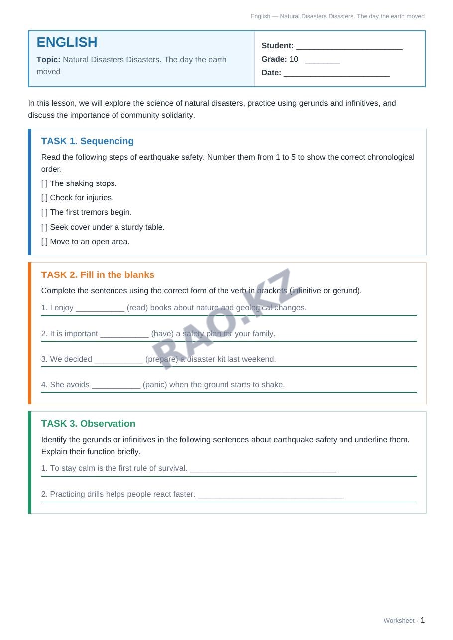 Worksheet English Grade 10 Term 1: Natural Disasters Disasters. The day the earth moved