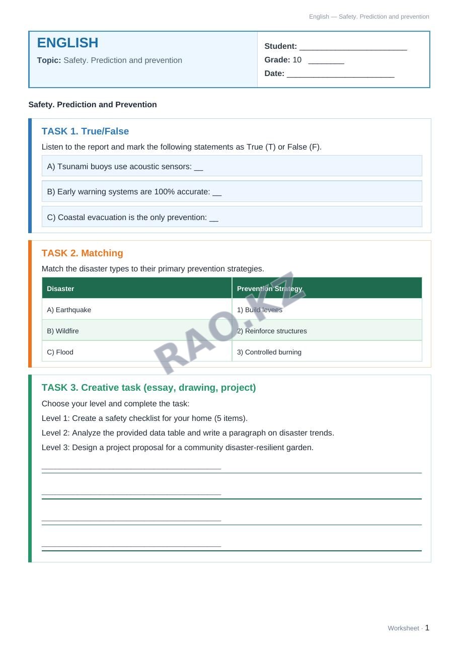 Worksheet English Grade 10 Term 1: Safety. Prediction and prevention