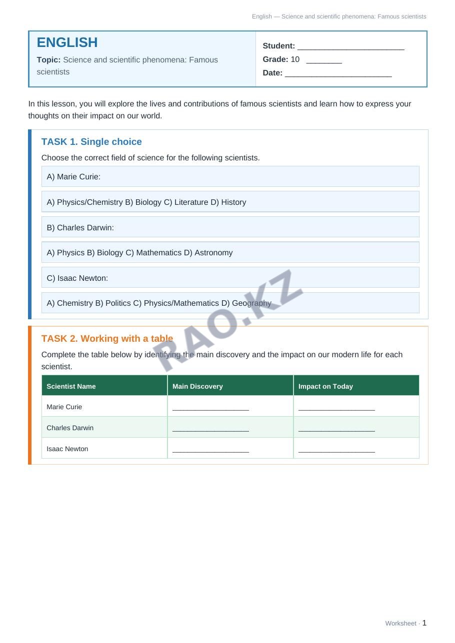 Worksheet English Grade 10 Term 1: Science and scientific phenomena: Famous scientists