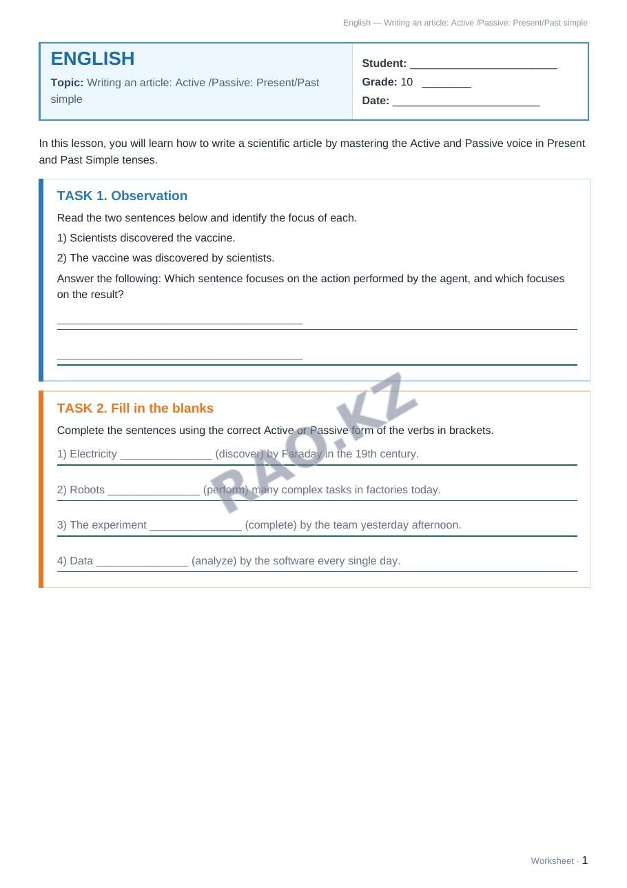 Worksheet English Grade 10 Term 1: Writing an article: Active /Passive: Present/Past simple