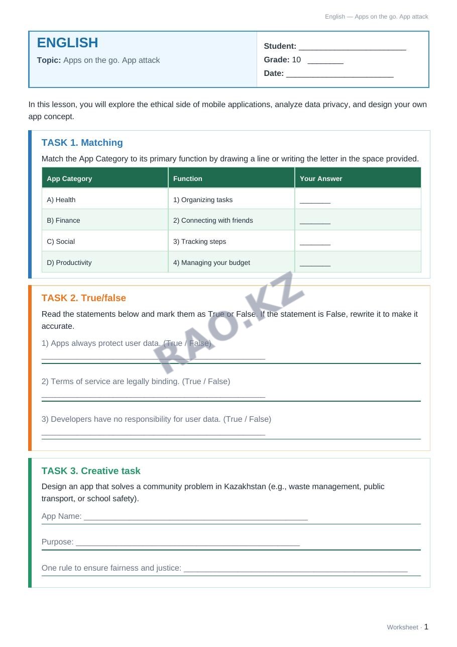 Worksheet English Grade 10 Term 2: Apps on the go. App attack