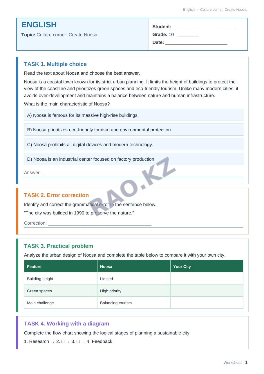 Worksheet English Grade 10 Term 2: Culture corner. Create Noosa.