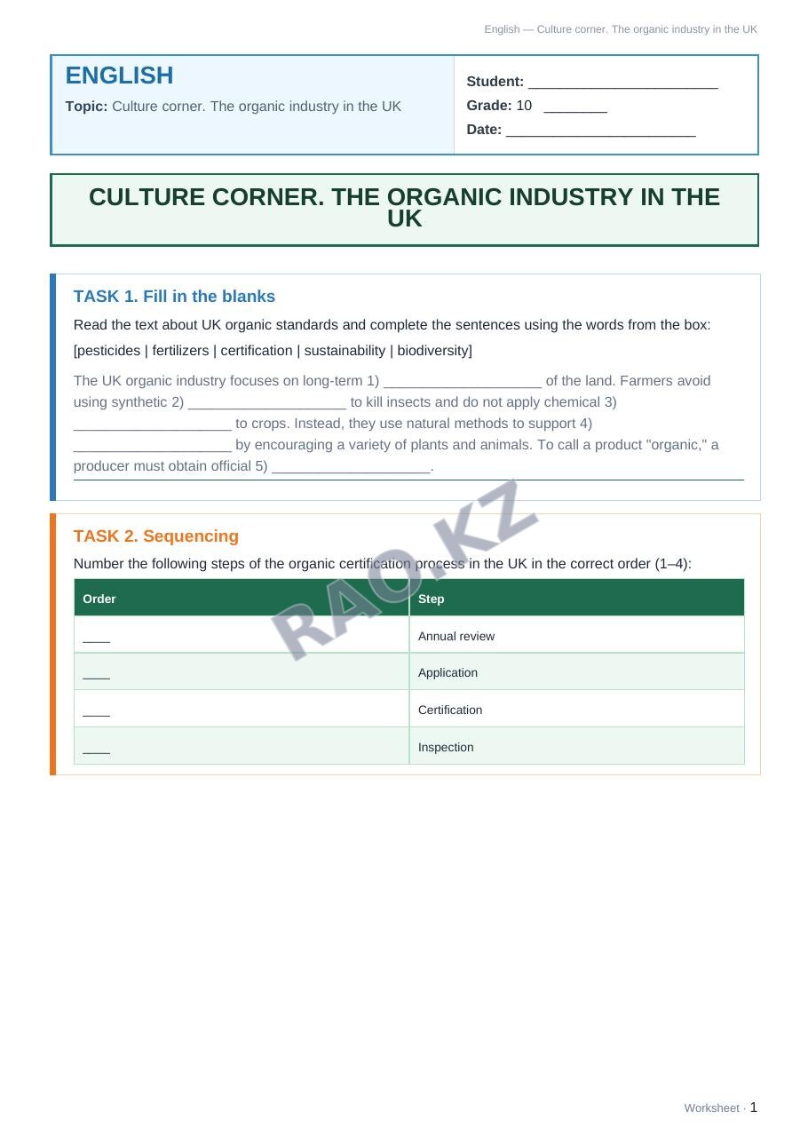 Worksheet English Grade 10 Term 2: Culture corner. The organic industry in the UK