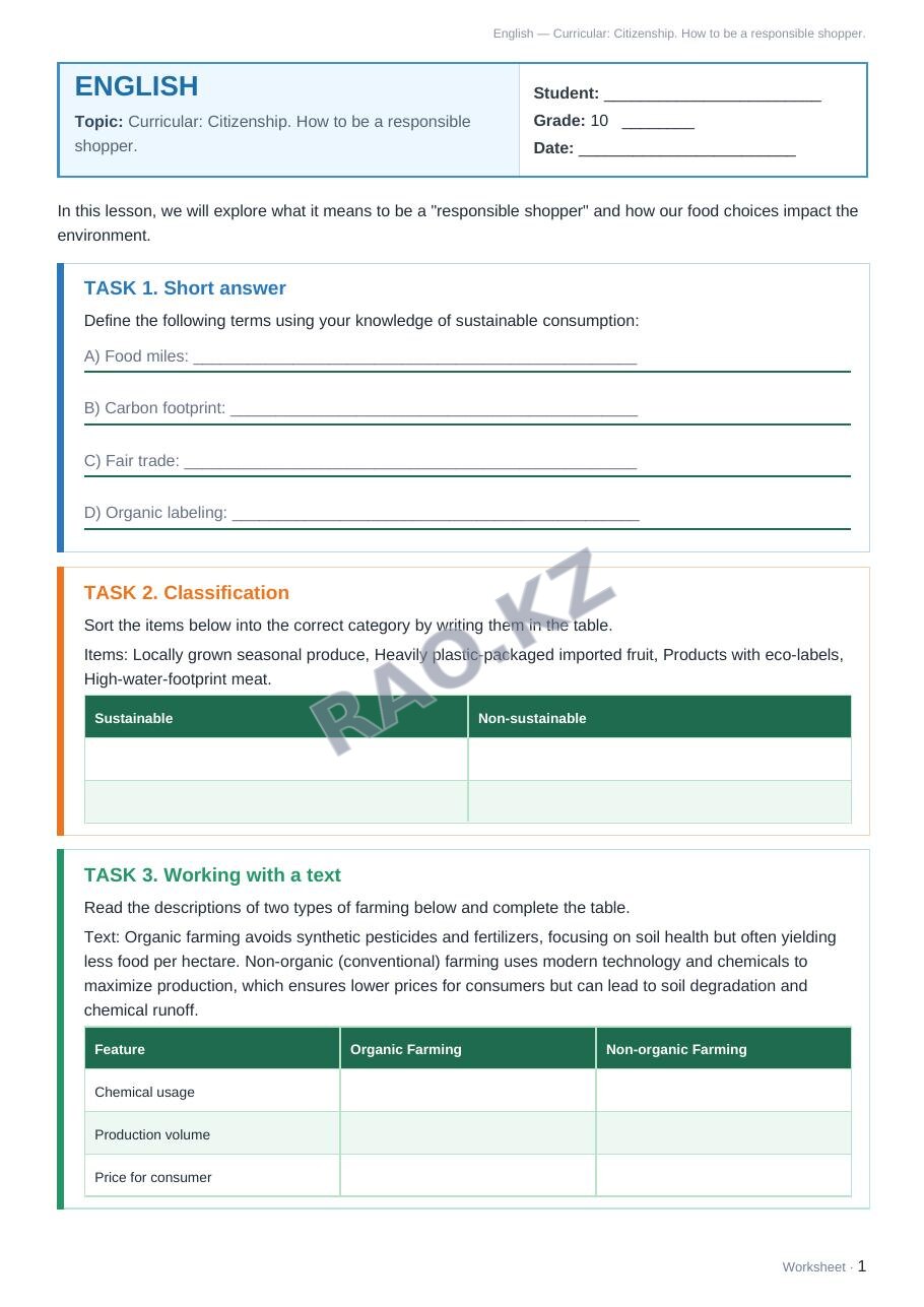 Worksheet English Grade 10 Term 2: Curricular: Citizenship. How to be a responsible shopper.