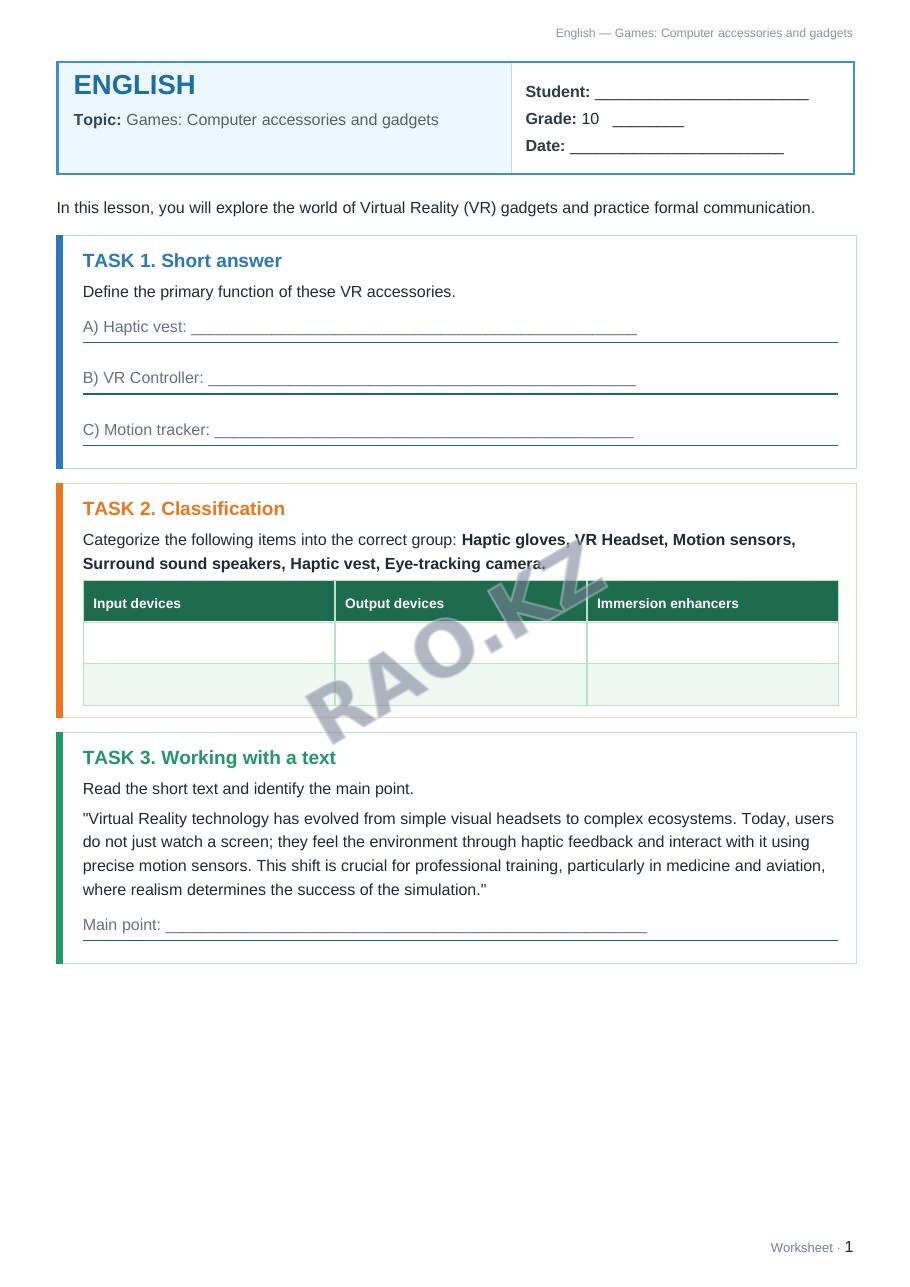Worksheet English Grade 10 Term 2: Games: Computer accessories and gadgets