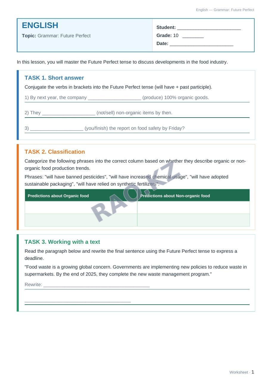 Worksheet English Grade 10 Term 2: Grammar: Future Perfect