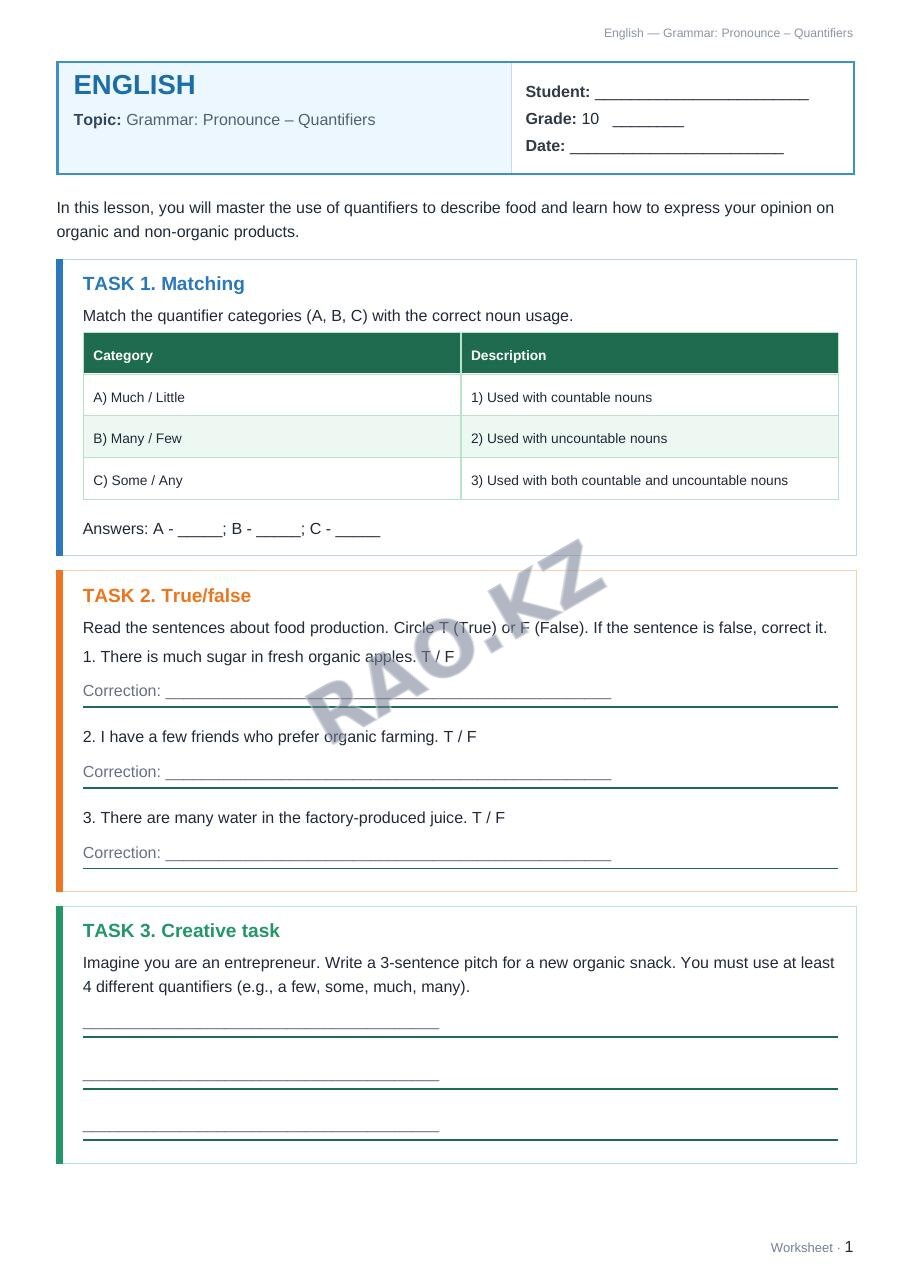 Worksheet English Grade 10 Term 2: Grammar: Pronounce – Quantifiers