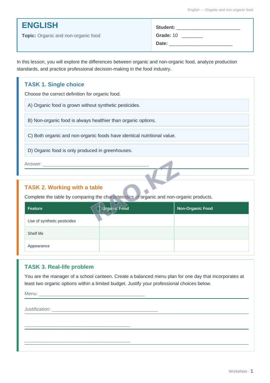 Worksheet English Grade 10 Term 2: Organic and non-organic food
