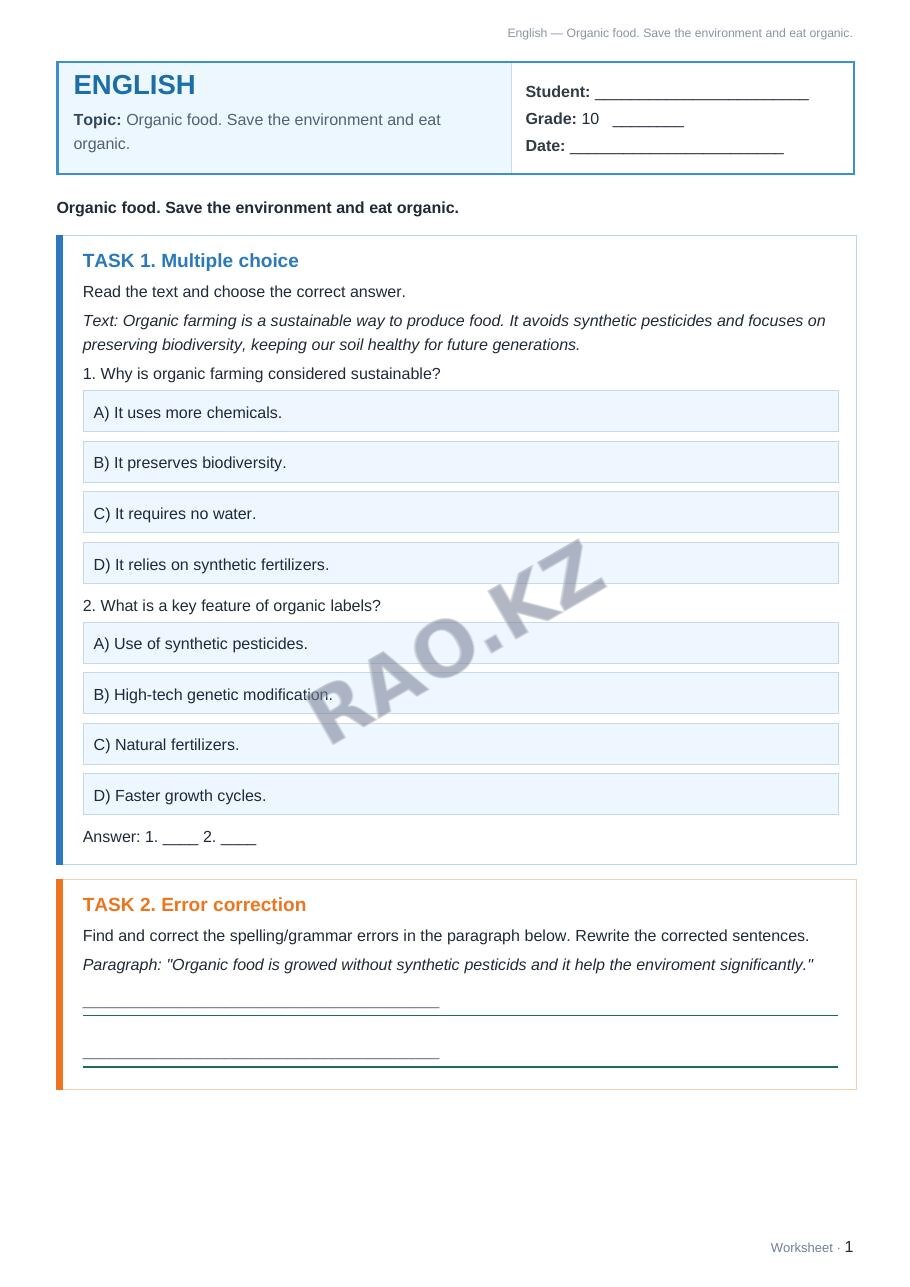 Worksheet English Grade 10 Term 2: Organic food. Save the environment and eat organic.