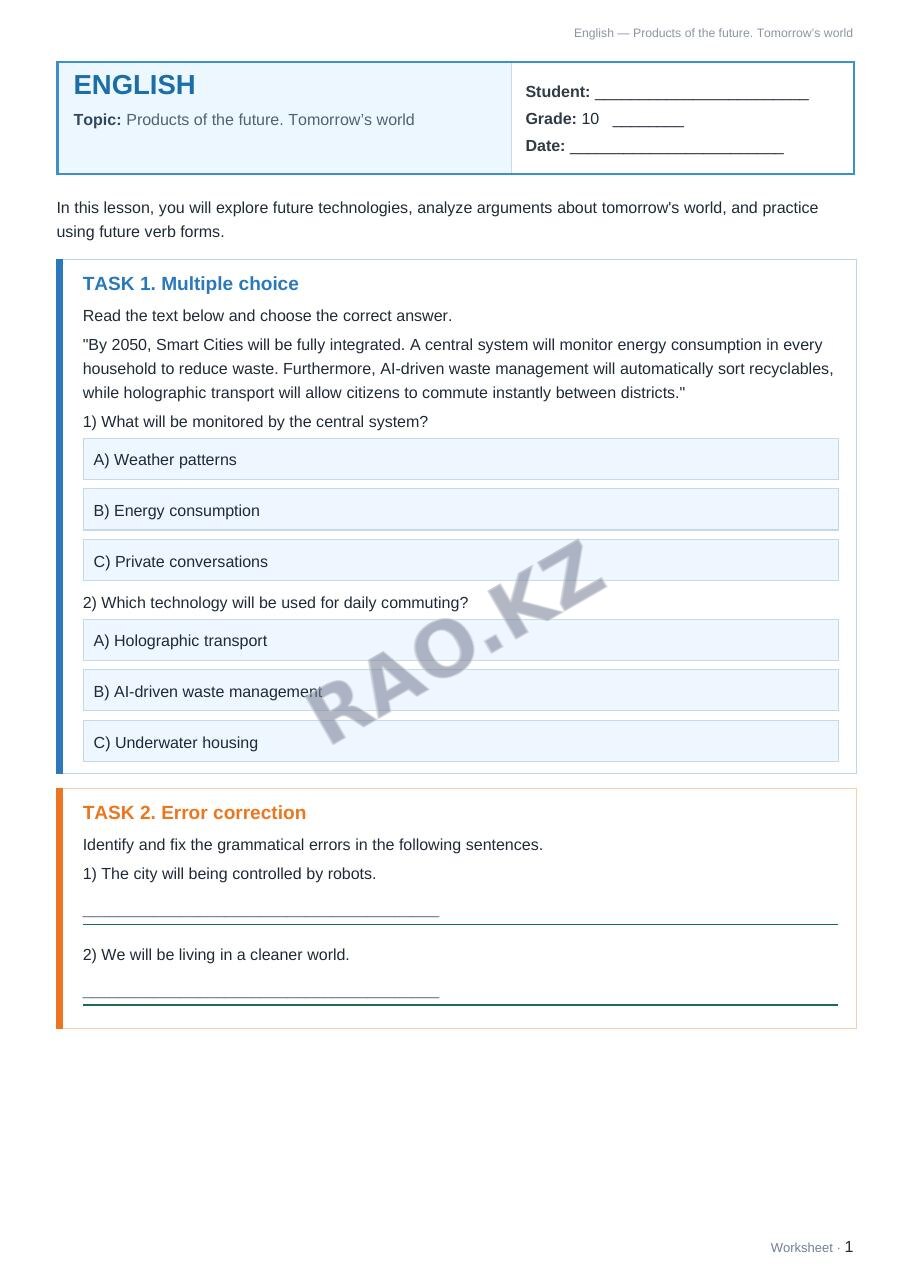 Worksheet English Grade 10 Term 2: Products of the future. Tomorrow’s world
