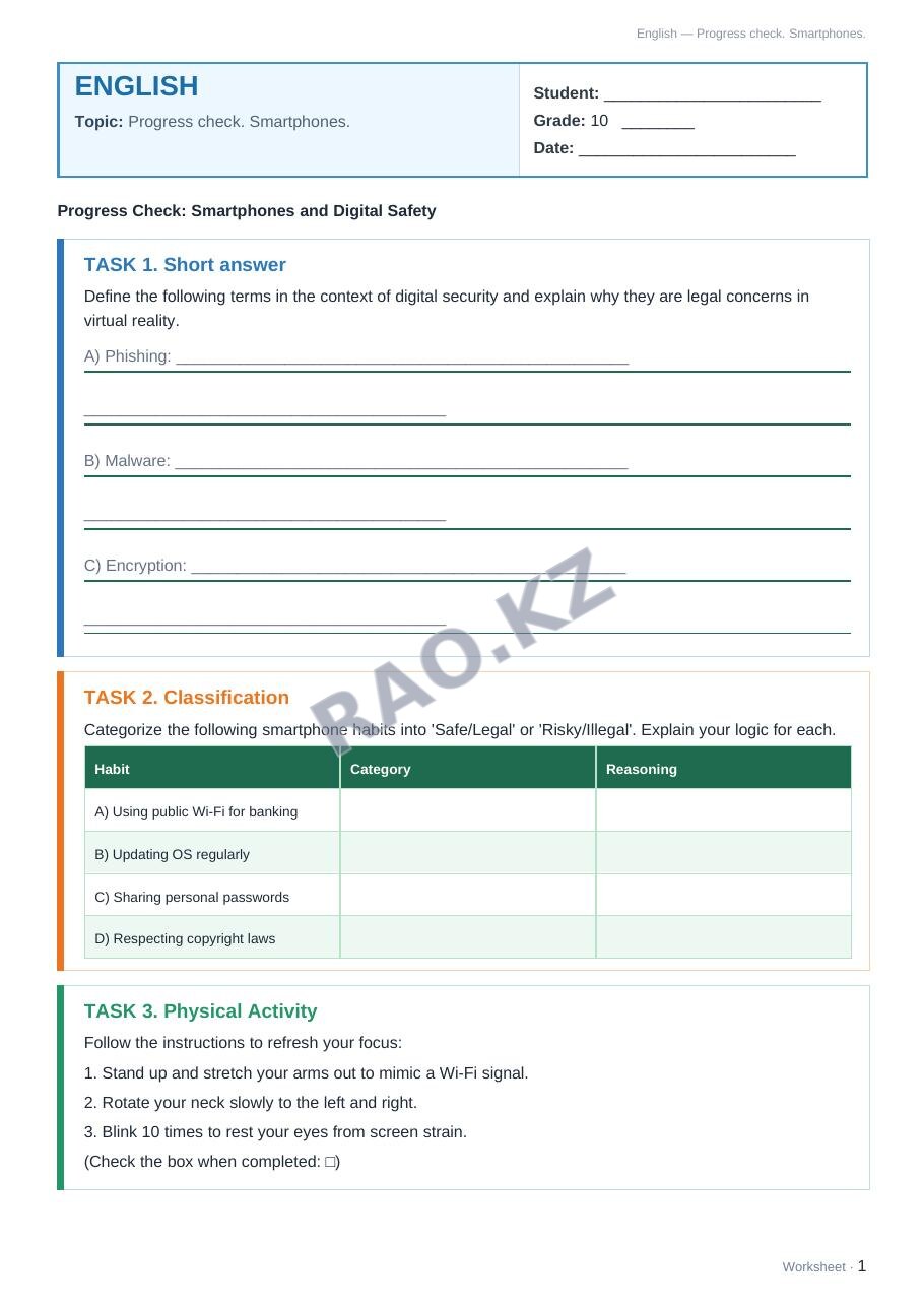 Worksheet English Grade 10 Term 2: Progress check. Smartphones.