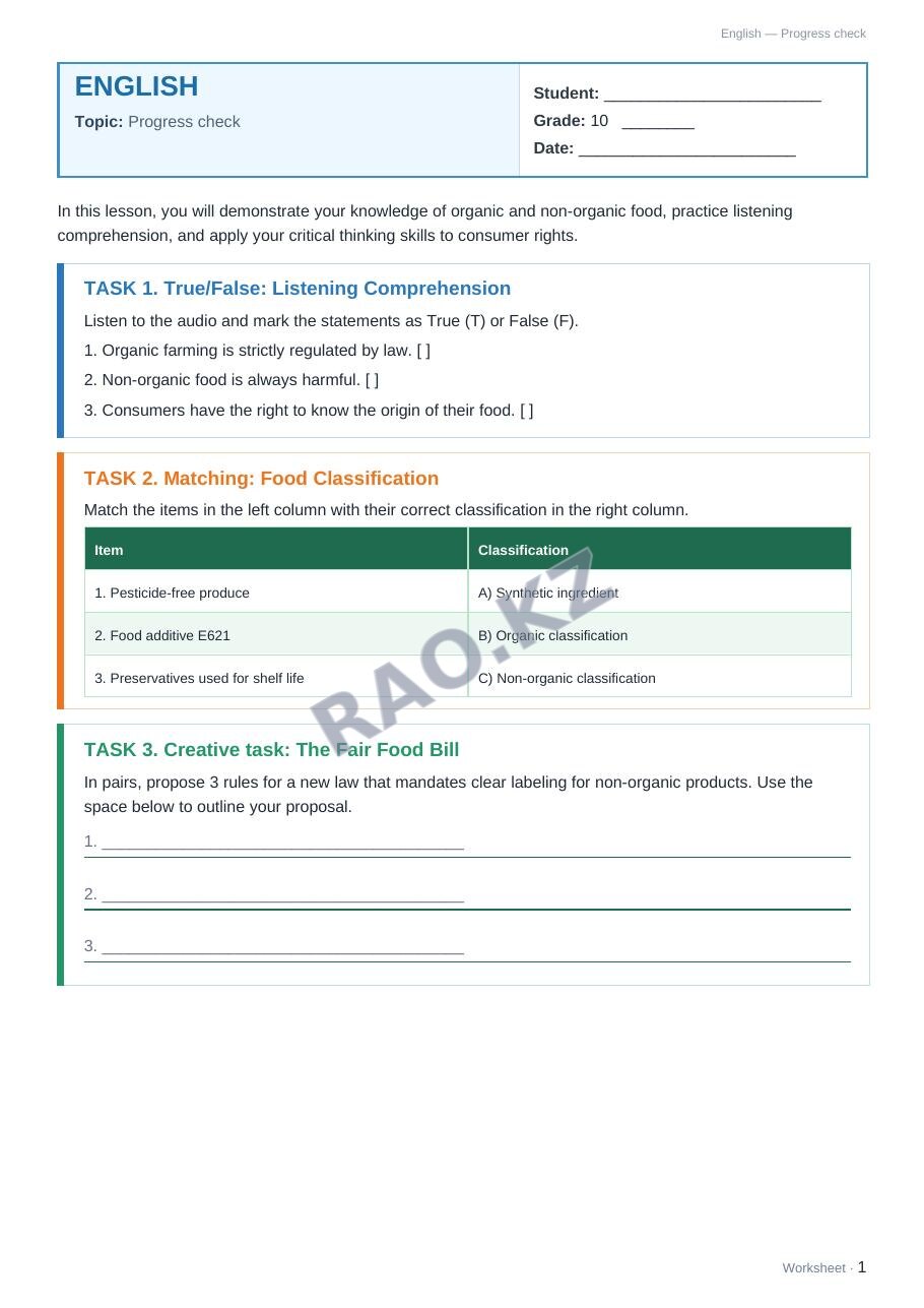 Worksheet English Grade 10 Term 2: Progress check