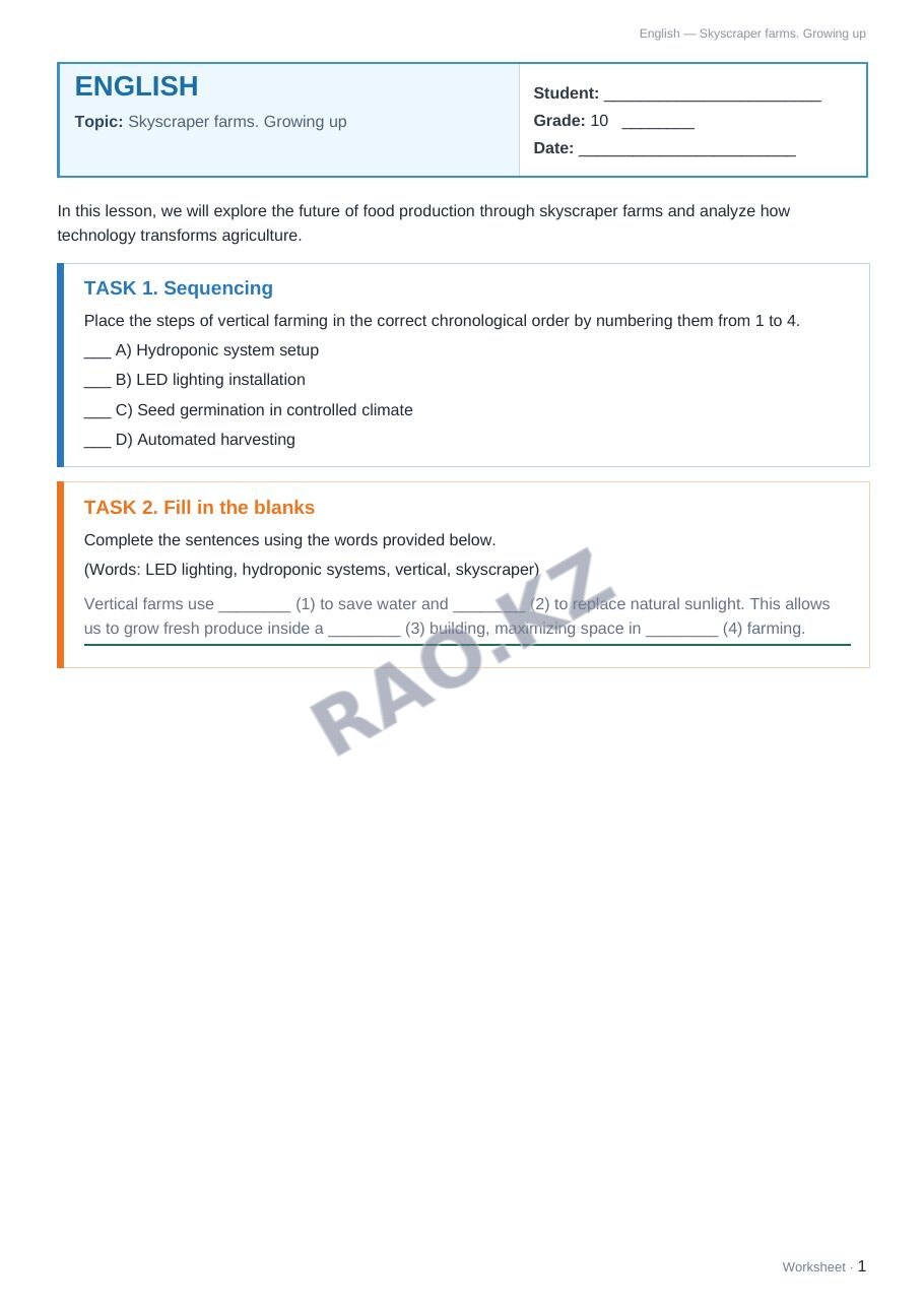 Worksheet English Grade 10 Term 2: Skyscraper farms. Growing up