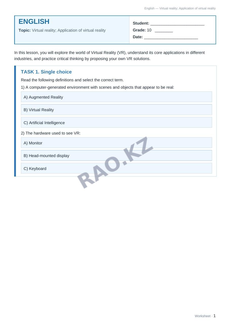 Worksheet English Grade 10 Term 2: Virtual reality; Application of virtual reality