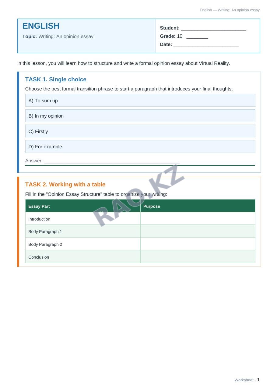 Worksheet English Grade 10 Term 2: Writing: An opinion essay