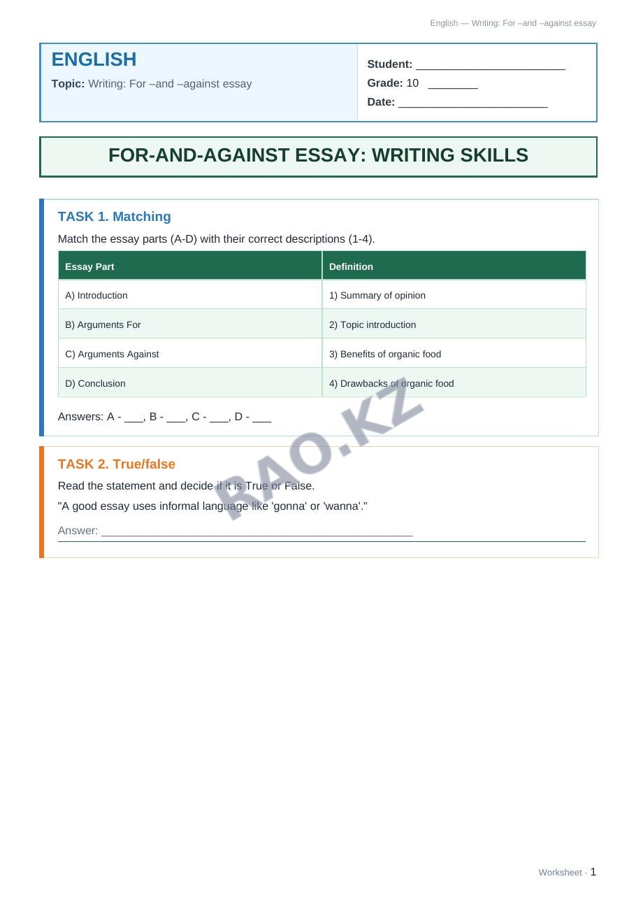 Worksheet English Grade 10 Term 2: Writing: For –and –against essay