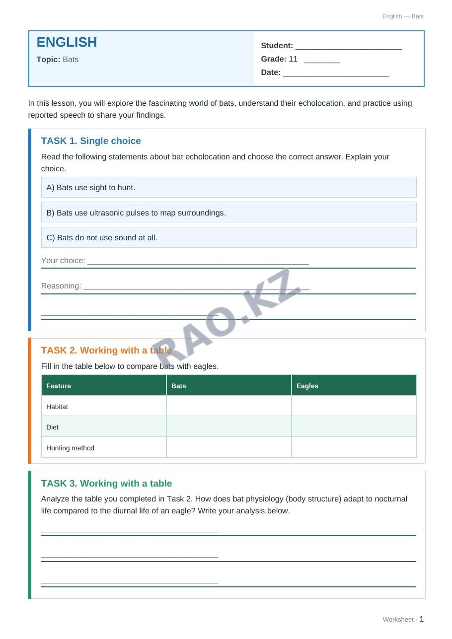 Worksheet English Grade 11 Term 1: Bats