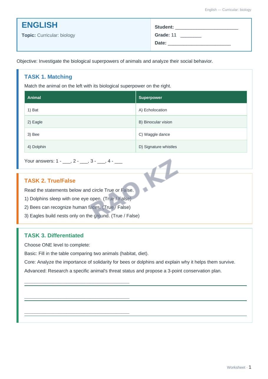 Worksheet English Grade 11 Term 1: Curricular: biology (lesson 3)