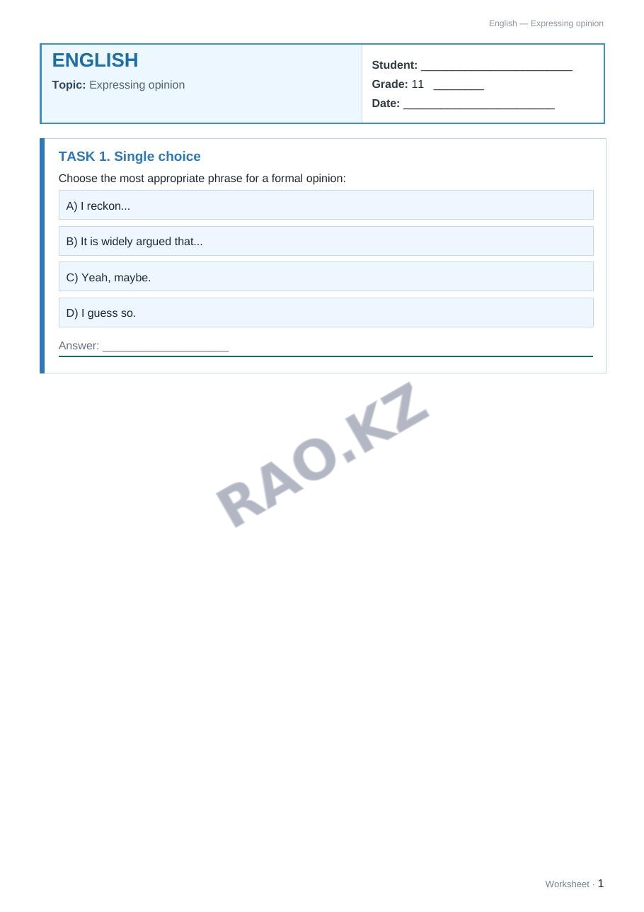 Worksheet English Grade 11 Term 1: Expressing opinion