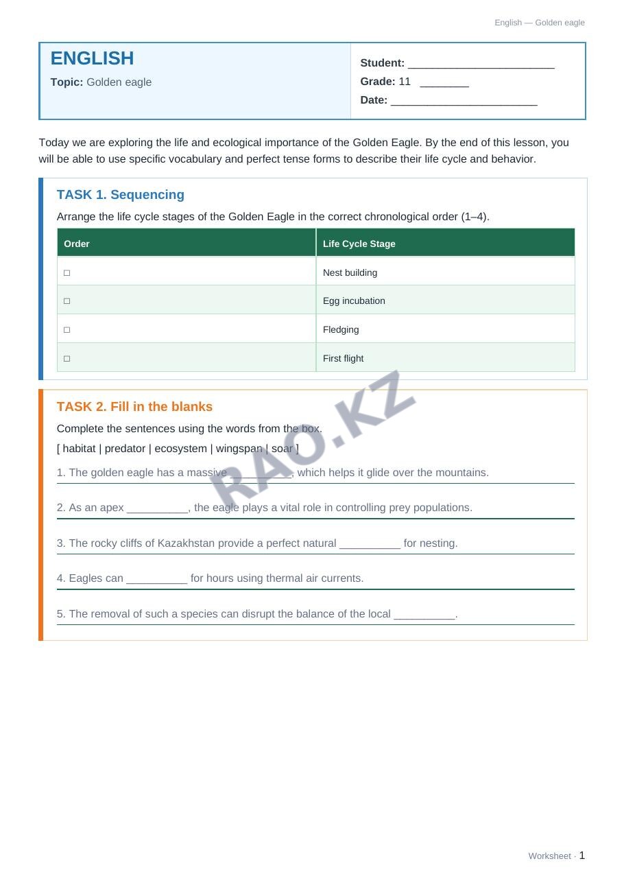 Worksheet English Grade 11 Term 1: Golden eagle
