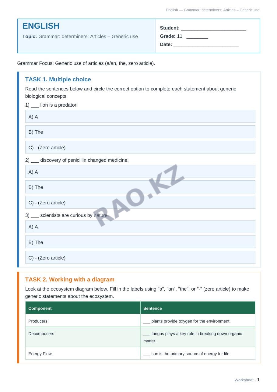 Worksheet English Grade 11 Term 1: Grammar: determiners: Articles – Generic use
