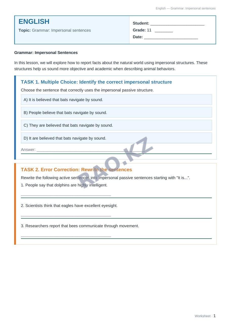 Worksheet English Grade 11 Term 1: Grammar: Impersonal sentences
