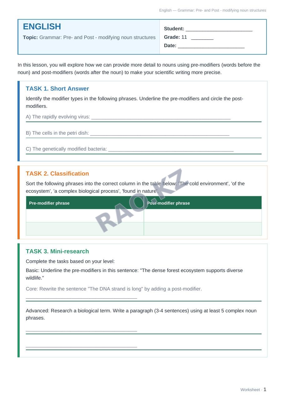 Worksheet English Grade 11 Term 1: Grammar: Pre- and Post - modifying noun structures