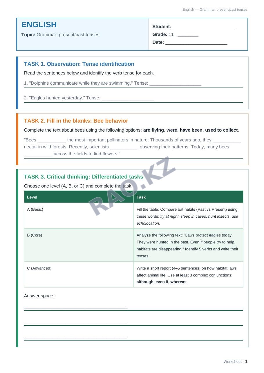 Worksheet English Grade 11 Term 1: Grammar: present/past tenses
