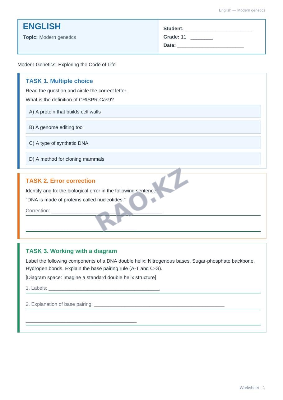 Worksheet English Grade 11 Term 1: Modern genetics